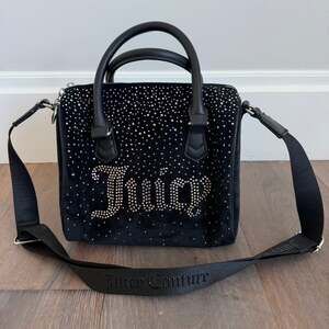 Juicy Couture Let It Shine Black Velour Satchel Bag with Rhinestones